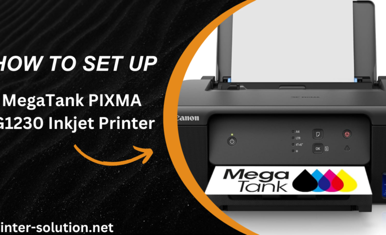 Illustration of Canon MegaTank PIXMA G1230 Inkjet Printer with setup instructions